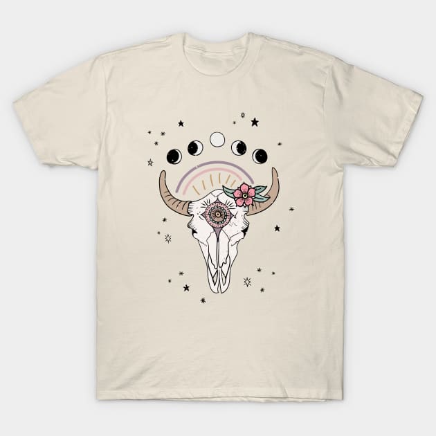 Boho Tribal Cow Skull with Flowers - blush T-Shirt by misentangled